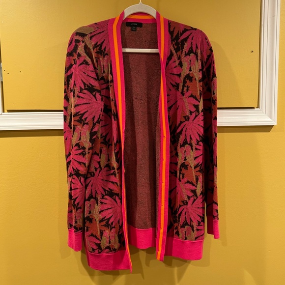 JCREW Boyfriend Cardigan Palm Parrot V-neck Sweater Boxy Oversize Pink Orange M - Picture 3 of 6